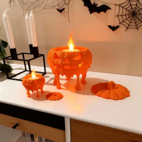 I want to put this melted Halloween pumpkin product on the shelves，Help me generate its scene map，Be real