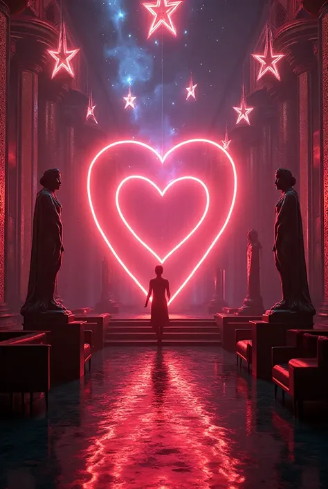 Liminal space,night club,neon lights heart shape,stars shaped neon lights,statues