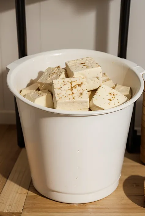 white tofu in a black bucket 3 buckets