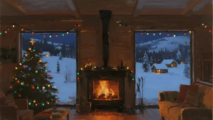 sky dark night .In night christmas. A livingroom master in a wooden house made two glass rectangle .with a big fireplace and Chr...