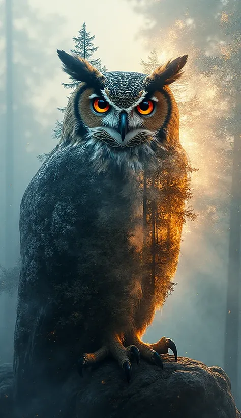 "Double exposure of a full-length portrait of the incredibly majestic Owl with a forest landscape and thunderstorm, glowing fore...