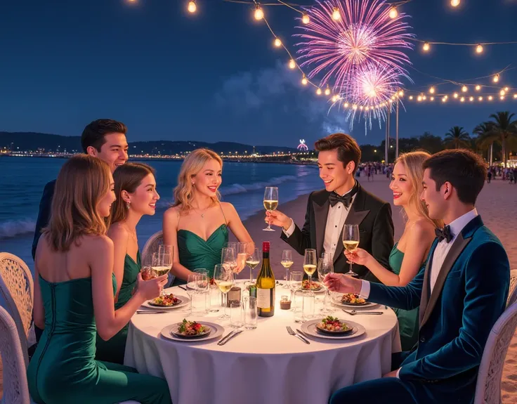 Create an anime-style image of a group of friends (men and women) happily celebrating the New Year at an elegant, beachside dinn...