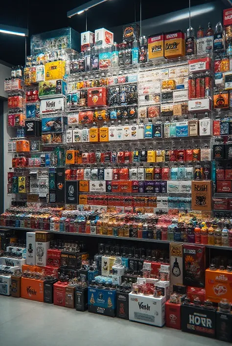  an image with lots of, boxes filled with vapes and liquids,  and the caption : can be ordered in bulk and with good DELIVERY 