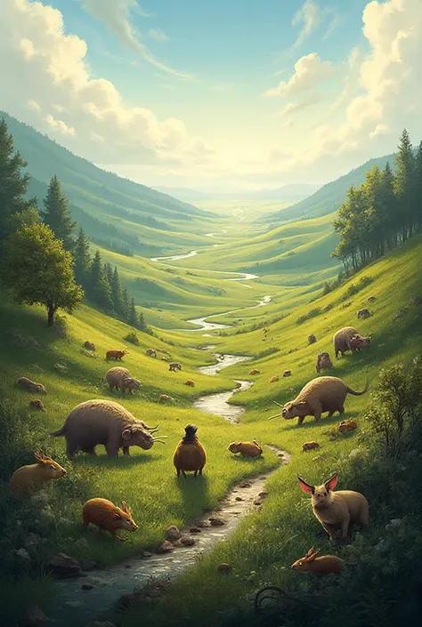 Create an image (with animals, humans or whatever) where the use of the 3 laws of thermodynamics is evidenced( not law zero) tha...