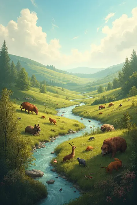Create an image (with animals, humans or whatever) where the use of the 3 laws of thermodynamics is evidenced( not law zero) tha...