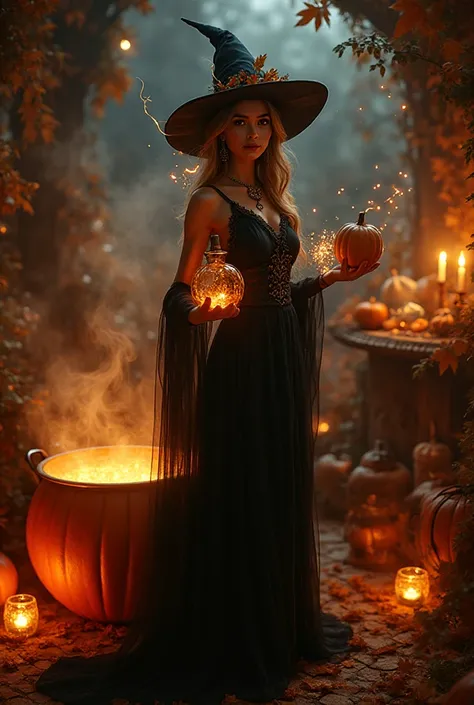 full body portrait of a beautiful witchy woman standing in a cozy, enchanted autumn setting, surrounded by glowing potions, cand...