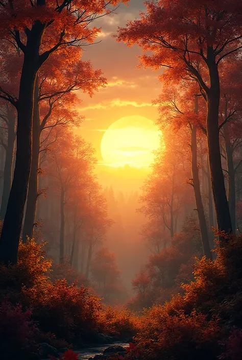 Generate an image of a sunset, in the forest in autumn