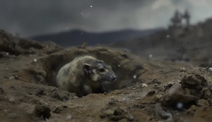 Small mammal emerging from burrow under dark skies, ash falling like snowflakes, cold light filtering through haze, ultra-detail...