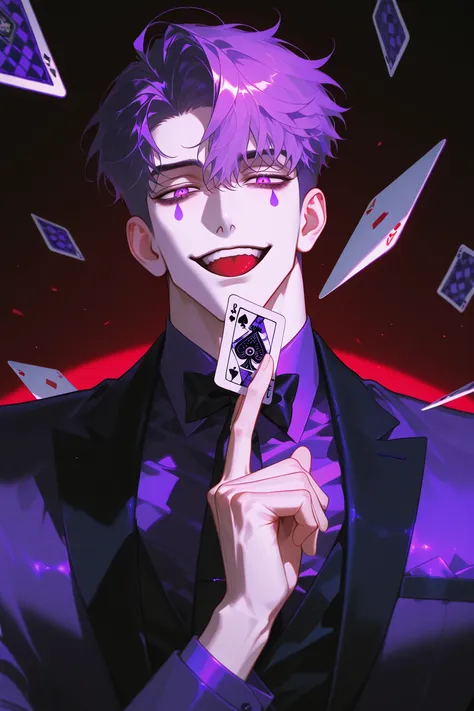 He is purple short hair and purple eyes. Wearing a clown, holding playing cards in one hand.