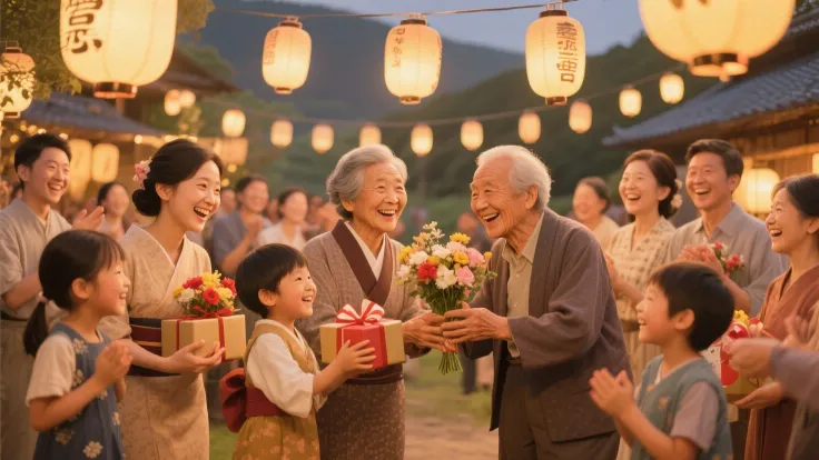 A lifelike image of A joyful community celebration in Japan’s countryside — families, children, and elders gathered together und...