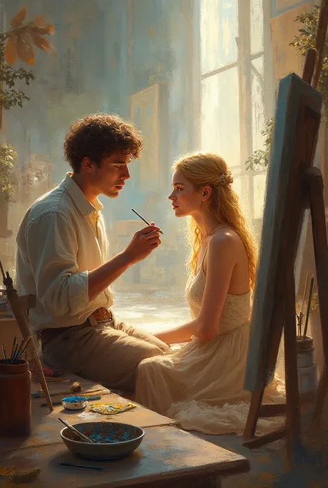 Create the character of a young painter drawing a beautiful blonde girl sitting in a large studio surrounded by paintings