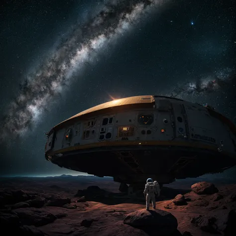 Epic cinematic scene of an astronaut standing on the edge of a futuristic space station, gazing at a distant galaxy and nebula, ...