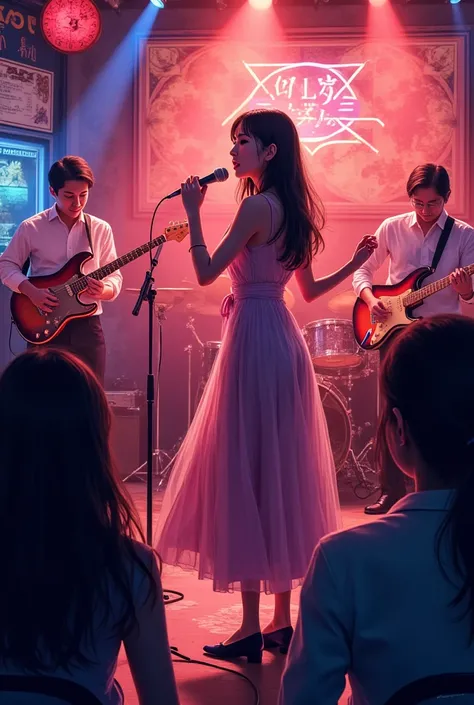 live band jazz bar、Jazz bar stage、stand singing with microphone Japanese beauty in dress、excited audience