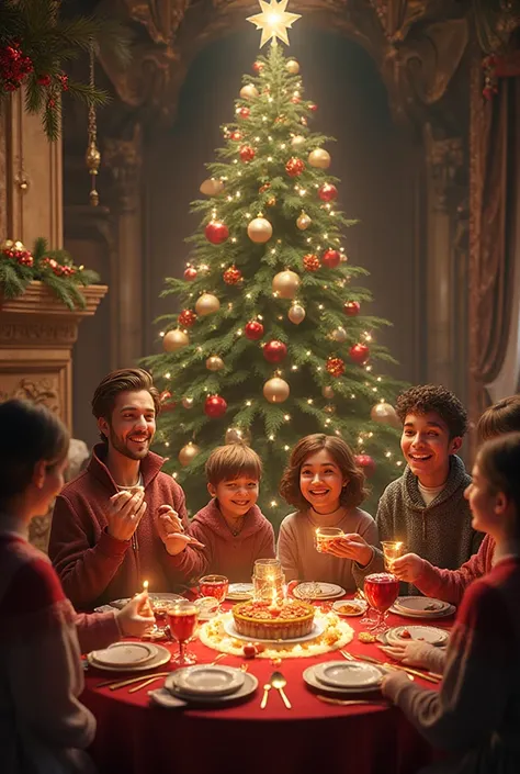 Images of people exchanging gifts and enjoying Christmas meals, , preferably in a room with an ornate Christmas tree in the back...