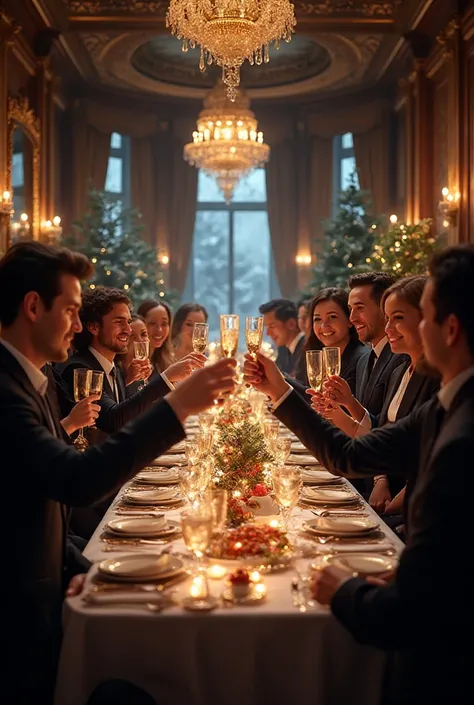 Generate an image where an office working group is toasting at a royal style Christmas dinner