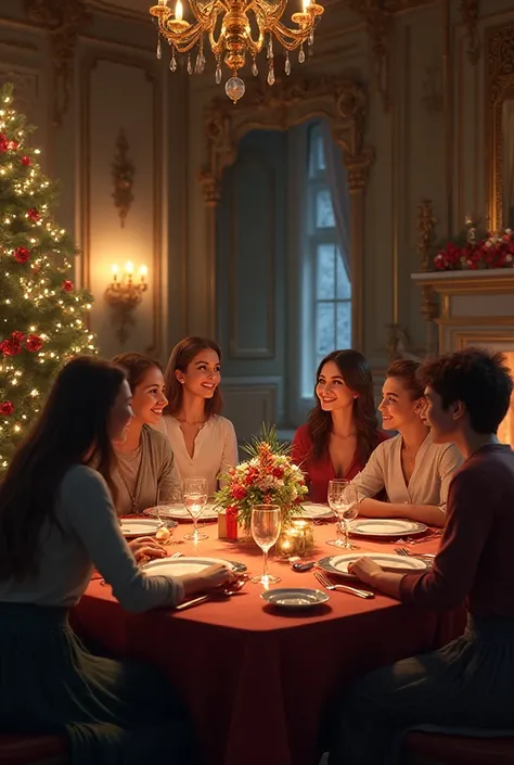 
Generate an image where a group of friends dressed normally are celebrating a fun Christmas dinner in a normal royal style hous...