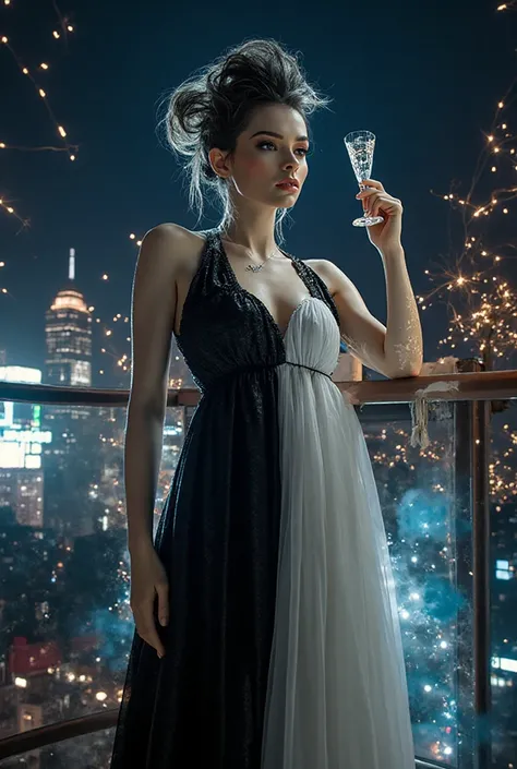 Photo de mode 8K, striking half-platinum half-black hairdo, She is standing on a graffiti garbage truck : tight black leather on...