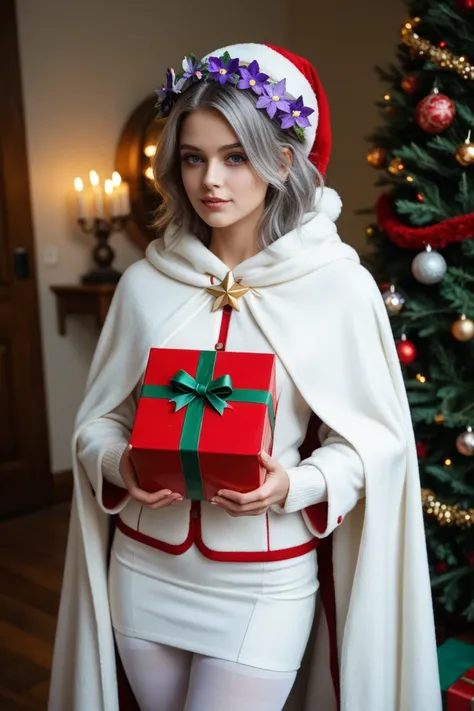 super precise illustration、Hertha(『 Collapse:Star Rail』)appears with gray hair and purple eyes、purple flower ornaments on her he...