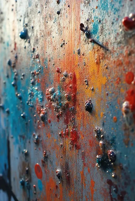 Macro photograph of graffiti texture with dynamic brushes, translucent layers of paint that reveal depth and dimension, splashes...