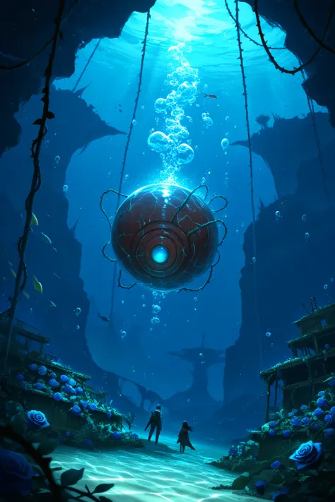 high resolution、First-class works、detail description、girl with brown skin、blue roses that emit light with bioluminescence、Inside...