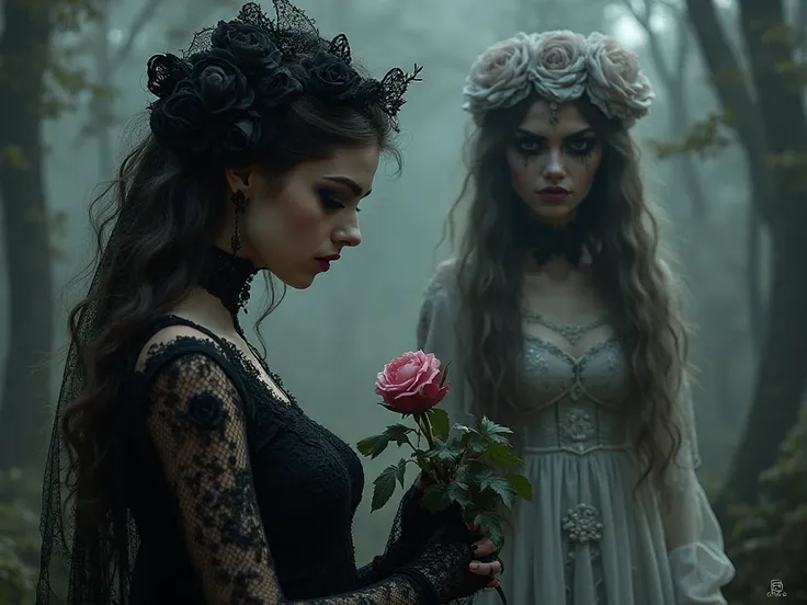 very beautiful gothic girl in a lace dress finely embroidered with black roses, she is holding a pink rose, in front of her, a g...