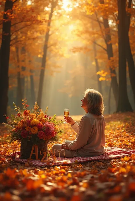 screensaver,  birthday, a bright sunny autumn day,  beautiful autumn forest against, checkered blanket, a picnic, 42, a huge bou...