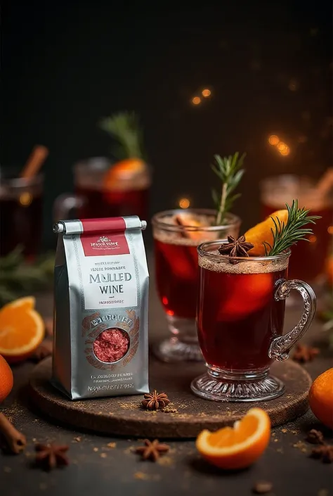 There are packages with mulled wine kits on the table. Silver-colored package, It has a transparent window, } through which you ...