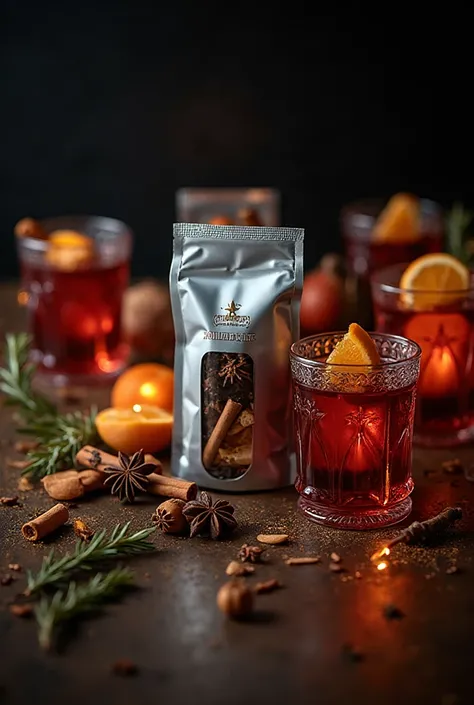 There are packages with mulled wine kits on the table. Silver-colored package, It has a transparent window, } through which you ...