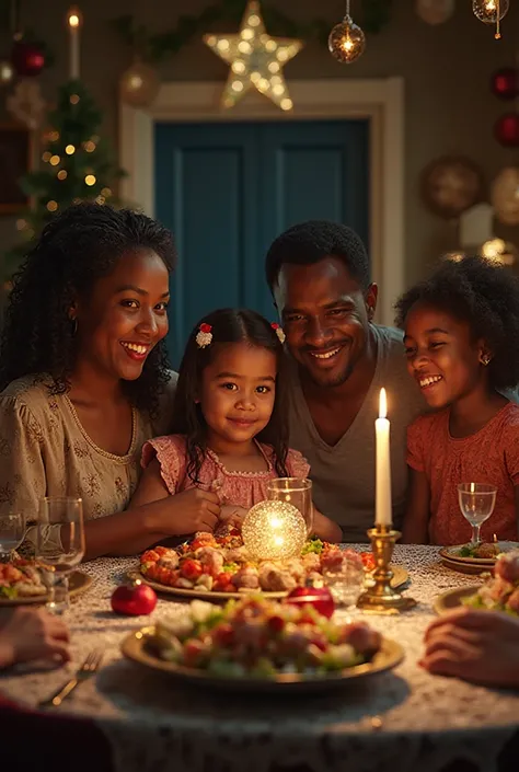 photo realiste d'une famillle reunionnaise autour d'une table decorer pour noel