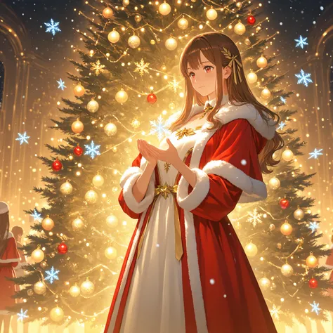 fantasy anime girl with long brown hair, wearing an elegant red and white christmas dress with gold ribbons and fur trim, standi...