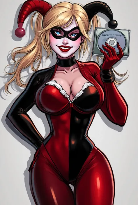 Can you generate a image of a curvy Harley Quinn in her iconic red and black suit with her iconic hammer. She is winking at us a...