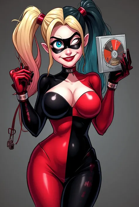Can you generate a image of a curvy Harley Quinn in her iconic red and black suit with her iconic hammer. She is winking at us a...