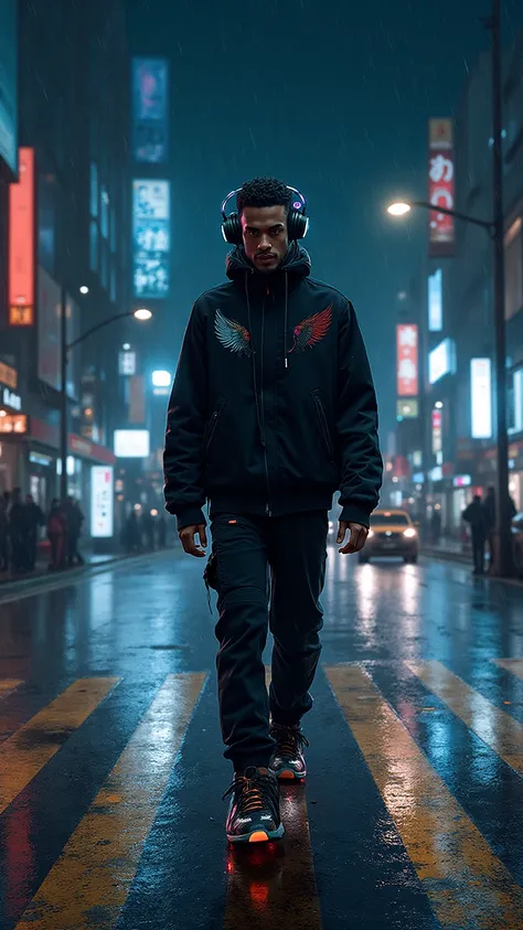 A man inspired by Hermes crossing a Tokyo crosswalk at night, wearing street fashion with winged sneakers and glowing headphones...