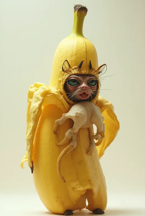 A banana eating an ugly person with a cat's face