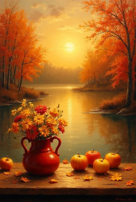 A warm and poetic painting titled “Harmony”, combining autumn landscape and still life elements in a single composition. The sce...