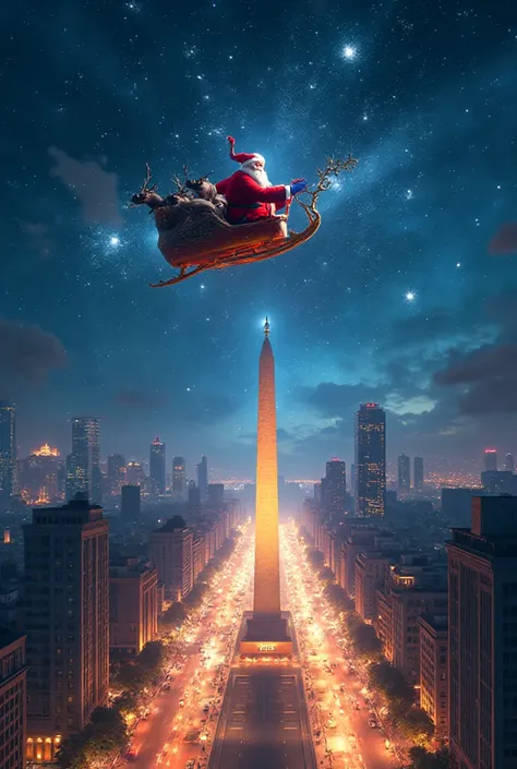 Santa Claus above all Avenida 9 de Julio in Buenos Aires above the Obelisk on a beautiful night full of stars