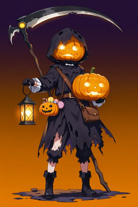 solo, looking_at_viewer, long_sleeves, gloves, holding, standing, full_body, boots, black_gloves, bag, torn_clothes, gradient_ba...