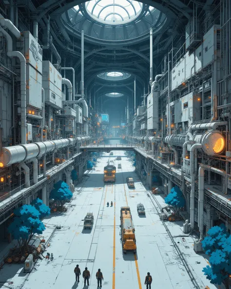 High-resolution panoramic view of the colony’s major transport arteries inside a transparent dome, absolute blackness of space v...