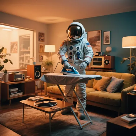 in the living room, ironing, music, astronouts