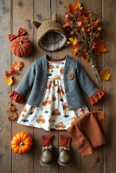 Children's autumn outfit arranged on a wooden surface, featuring a autumn  dress with a mushroom  pattern, and  coat  with polka...