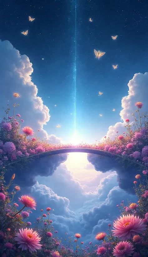 A glowing bridge of light connecting two clouds, cosmos, chrysanthemum, balloon flowers, and gentian blooming along it, surround...