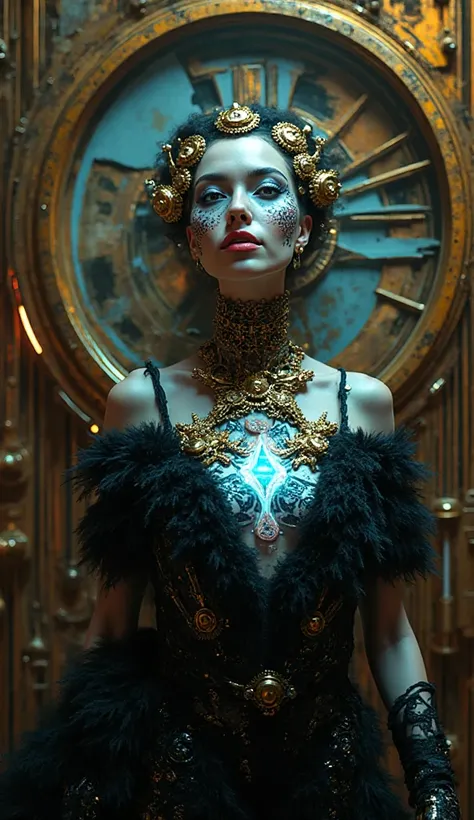 A biomechanical jazz bar inside a huge clockwork, singer in a black dress with gold gears instead of sparkles, her skin partiall...