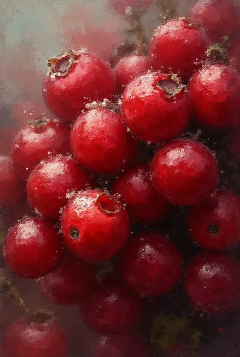 close up cranberries, claude monet art style, vibrant, oil paste, messy