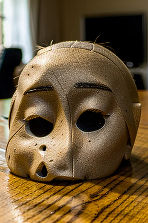 ((disembodied head on table)), Carmela Zumbado, triangle shaped face, slightly long face, slightly tan, skinny, very far from ca...