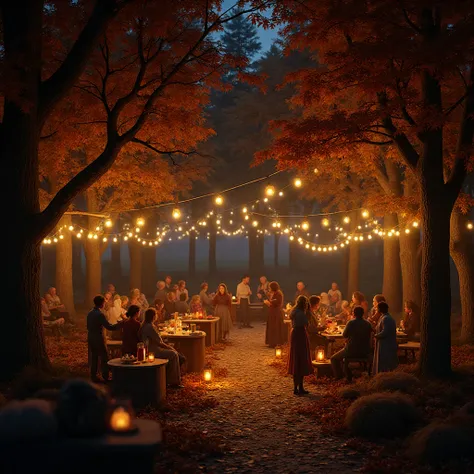 Photorealistic recording of an enchanting autumn festival scene in a small, niche surrounded by huge trees of a Parks at dusk. T...