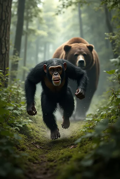 Create a chimpanzee running from a bear in the forest 