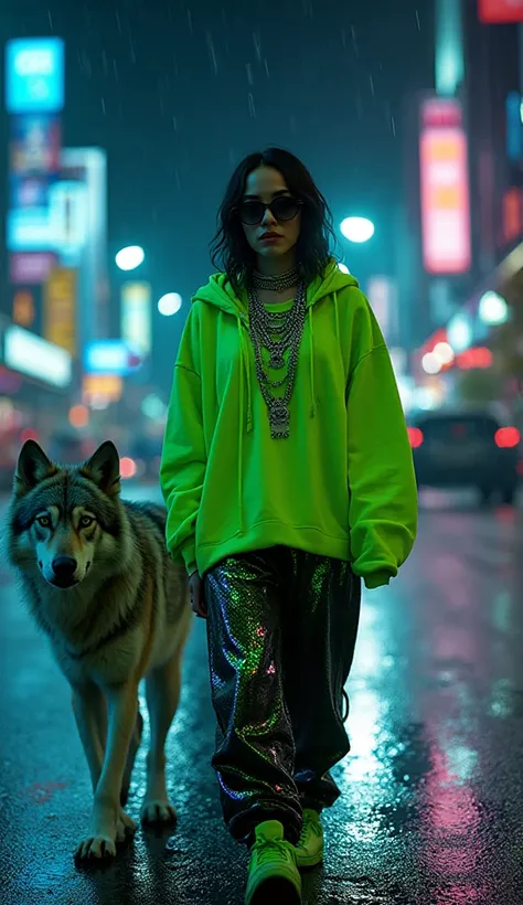 A cinematic night-time scene featuring Billie Eilish walking down a rain-soaked city street glowing with neon reflections. She h...