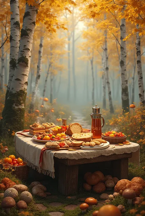 birch grove, Mushrooms, yellow leaves, mushroom baskets, tablecloth, on tablecloth homemade bread, sliced cheese, bacon , tomato...