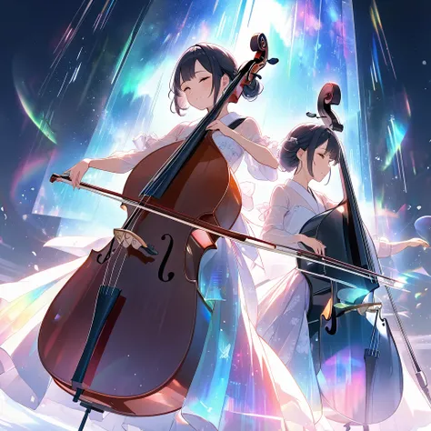 double bass player girl, Prairie with a fresh breeze, double exposure with auroras flickering, glass double bass、holographic co...