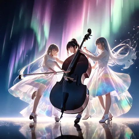 double bass player girl, Prairie with a fresh breeze, (((Double bass with shimmering auroras in the entire of double exposure))...